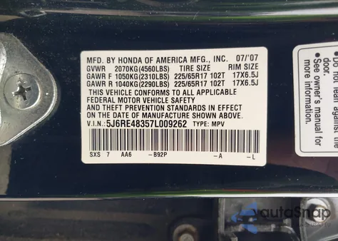 2007 Honda Cr-V Lx из США, поврежденный, VIN 5J6RE48357L009262